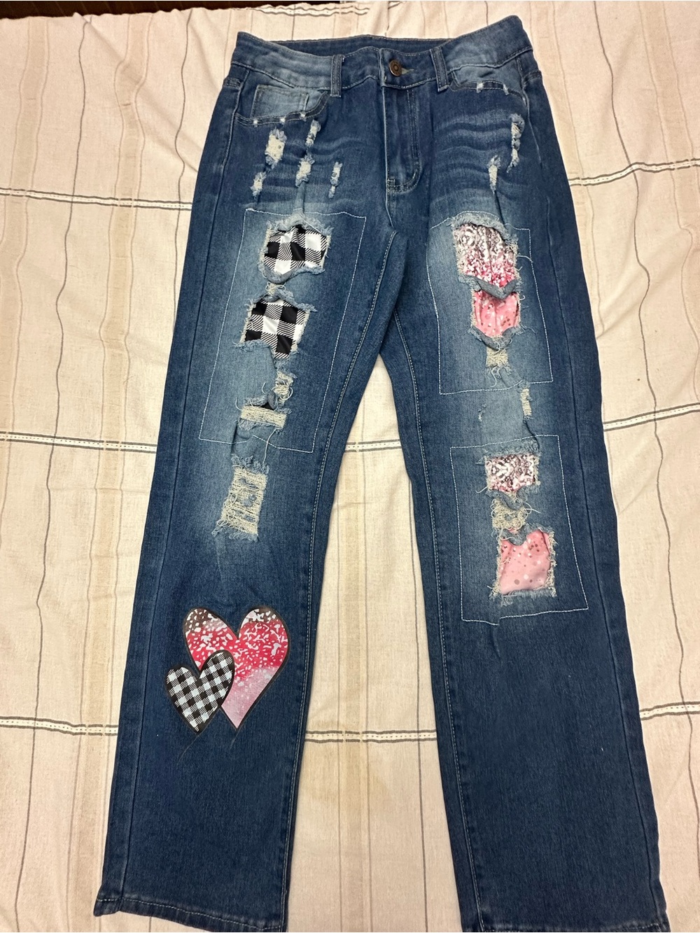 Women's Dark Blue Distressed Patchwork Jeans with Heart Accents